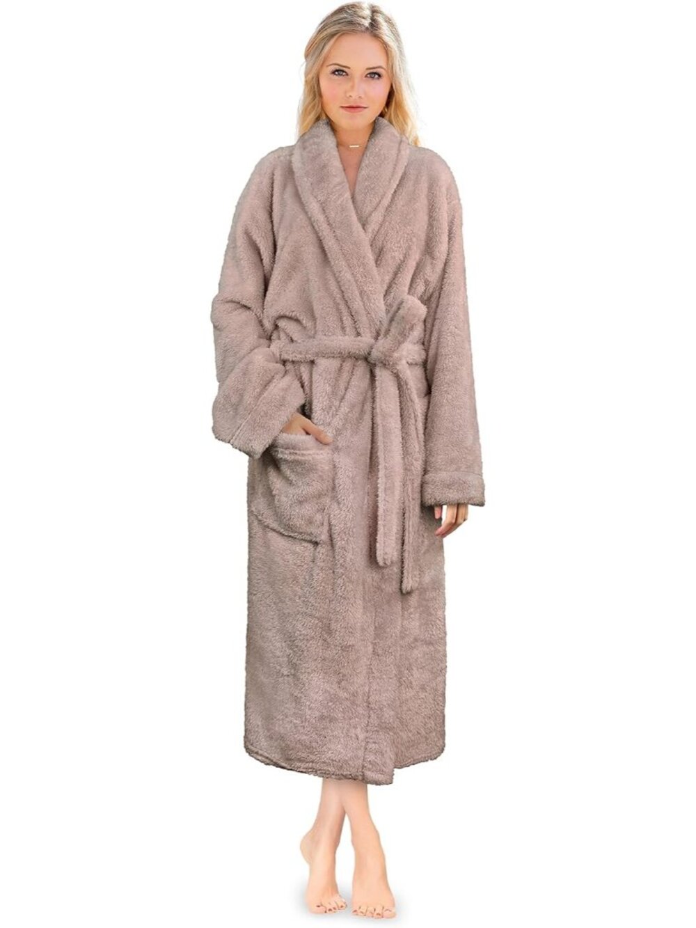 〽️Women's Bathrobe Taupe Fleece Luxury Soft Warm Fluffy Sherpa Shaggy Robes